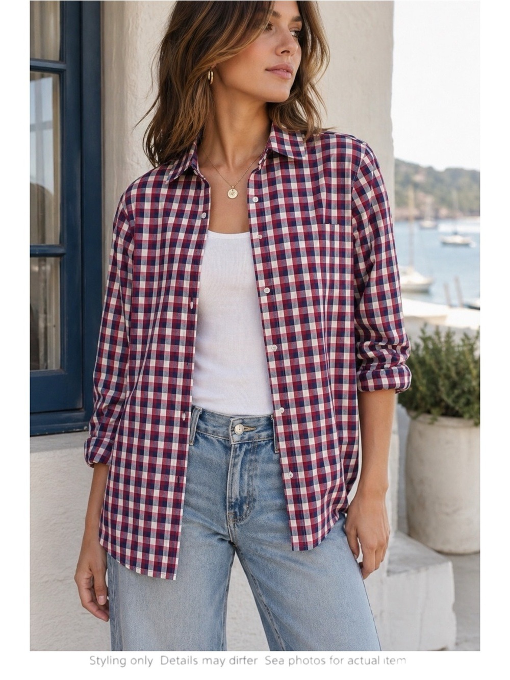 Red Blue Plaid Button Down Shirt Relaxed Fit Coastal Classic Layering